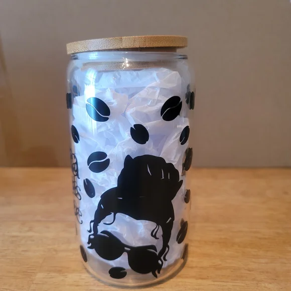 Mama Needs Coffee Glass Tumbler with Bamboo Lid And Straw 16oz - Picture 4 of 7